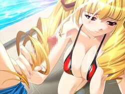 bikini blonde_hair breasts censored cleavage cum cum_on_hair drill_hair ejaculation from_above game_cg hairjob handjob ino large_breasts long_hair micro_bikini oshioki_sweetie penis pool pov red_eyes ribbon sad shinmeiji_rinn solo strap_gap swimsuit