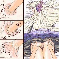 anal_fingering anus blonde_hair close-up fingering from_behind hou_(hachiyou) lowres lying lying_down spread_anus