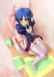 1girls blue_hair blush closed_eyes clothed_masturbation clothing female fingering flat_chest ilfa_(to_heart) maid masturbation skirt solo stockings thighhighs to_heart_(series) to_heart_2 toilet