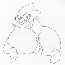 alphys anthro anus ass beady_eyes big_breasts big_butt breasts buckteeth butt_focus eyewear female foreshortening genitals glasses hi_res kneeling looking_at_viewer looking_back non-mammal_breasts nude pussy rear_view reptile scalie shortstack solo team_pervy teeth thick_tail thick_thighs undertale video_games wide_hips