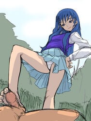 1boy 1girls akaga_hirotaka bad_feet barefoot blue_eyes blue_hair feet female femdom footjob hands_on_hips human long_hair looking_down male menori menori_visconti mujin_wakusei_survive panties pantyshot pantyshot_(standing) penis skirt small_breasts small_penis standing standing_footjob toes uncensored underwear uninhabited_planet_survive upskirt