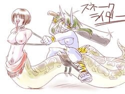 2girls abuse animal_print blue_oni blue_skin bondage breasts brown_hair demon_girl female female_only green_hair hair_over_eyes horns lamia monster_girl multiple_girls nipples no_arms oni purple_bonus purple_skin riding scales slave sword tiger_print tongue topless weapon yellow_eyes