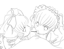 censored collaborative_fellatio fellatio foreskin_play hinaichigo maid monochrome multiple_fellatio oral penis rozen_maiden shinku teamwork tongue_in_foreskin