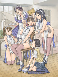 5girls apron bent_over black_eyes black_hair black_kneehighs black_legwear blue_dress blush brown_eyes brown_hair dress dress_shirt female footwear gumma hair_ornament hairclip headdress highleg highleg_panties kisaragi_gunma kneehighs kneeling mai_favorite maid mary_janes multiple_girls panties pussy_juice ribbon shirt shoes short_hair short_twintails side-tie_panties sitting skirt socks standing sweater_vest thigh_gap thighhighs thighs tied_hair twintails underwear vest yuri