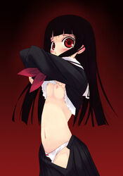 1girls bangs black_hair blunt_bangs blush body_blush bow bow_panties breasts enma_ai female flat_chest hime_cut huge_eyes jigoku_shoujo long_hair midriff navel nipples open_skirt panties pleated_skirt red_eyes school_uniform serafuku shirt_lift simple_background skirt solo standing sweatdrop tears underwear undressing white_panties