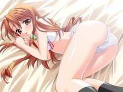 asahina_mikuru ass bed black_legwear black_socks blush bra brown_eyes brown_hair cameltoe color female footwear game_cg hair_ribbon jpeg_artifacts knee_socks kneehighs kneesocks lace-trimmed_panties lingerie long_hair lying mizuki_kotora narusue_futaba on_side panties ribbon sister_sister_(troy) socks solo suzumiya_haruhi_no_yuuutsu tress_ribbon underwear white_panties