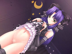 blush bottomless censored dutch_angle game_cg inugami_poemu jpeg_artifacts navel nee_chanto_shiyou_yo nee_chanto_shiyou_yo_2 no_panties purple_hair pussy ribbon skirt skirt_lift solo thighhighs yellow_eyes