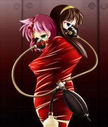 2girls asphyxiation back_to_back blue_eyes bondage bound_together breath_play brown_hair female female_only green_eyes high_resolution latex mask mind_control multiple_girls multiple_subs mummification pink_hair rebreather spiral_eyes suffocation tamakko tube tubes