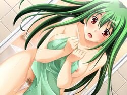 1girls areolae bath blush breasts covering dutch_angle erect_nipples game_cg green_hair koi_q koi_q! long_hair niizato_misaki open_mouth pubic_hair pussy red_eyes solo thigh_gap thighs towel wet yuyi