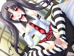 amami_akira_(fake_azure_arcology) asami_asami bed black_hair black_panties blush censored collar fake_azure_arcology feet footjob footjob_with_legwear game_cg long_hair mosaic_censoring open_mouth panties penis red_eyes small_penis source_request striped striped_legwear striped_thighhighs thighhighs tied_hair twintails underwear upskirt