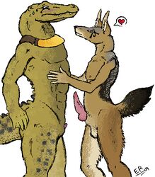 <3 2009 abs anthro anubis blush canine color crocodile deity duo egyptian egyptian_mythology erection furry gay jackal knot male nervous pecs penis pixel reptile scalie sobek