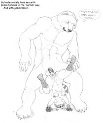 2007 anthro breasts cum cum_in_pussy cum_inside female fur greyscale gul male mammal monochrome muscles mustelid nipples penetration penis pussy raccoon size_difference sketch strega stuck tight_fit upside-down vaginal_penetration wolverine