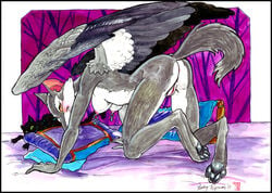 2010 all_fours anthro anus ass avian blush breasts canine defenbaugh feathers female fur furry hybrid nipple_piercing nipple_ring nipples nude piercing pillow presenting pussy raised_tail solo tail wings wolf