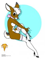 bow breasts brown_eyes cheesecake doe female furry hair high_heels joseph_ny legs looking_at_viewer solo stockings white_hair