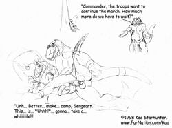 anthro camp camping furry gay kaa_(artist) male male_only military monochrome penis raptors rough_sketch soldiers testicles