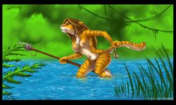 2010 anthro breasts cinnamonhunter feline female furry hunter nude polearm sabertooth solo spear tiger tribal water wet