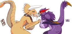 anthro breasts capcom collar color diablos dragon female female_only flying_wyvern furry horns kissing monster_hunter monster_hunter_freedom_unite nargacuga pixel raised_tail scalie source_request standing tail unknown_artist white_background year_request yuri