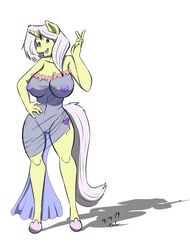 2017 anthro big_breasts blue_eyes breasts cleavage clothed clothing cutie_mark equine fan_character female hair hand_on_hip hi_res horn lily_lace mammal my_little_pony navel nipples open_mouth open_smile pussy sailoranna see-through simple_background smile solo uncensored unicorn white_hair wide_hips