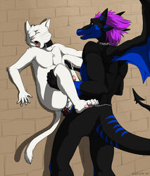 2009 against_wall anal anal_sex black blue closed_eyes collar cum cum_in_ass cum_inside dragon feline furry gay horns lawlzy legs_up male nude penetration penis sex wings