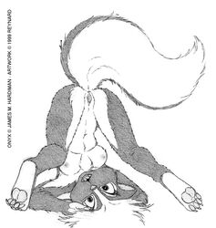 1990s 1999 20th_century anus breasts chest_tuft digitigrade ear_piercing earring female greyscale hair looking_at_viewer nipples nude onyx open_mouth piercing pussy reynard_fox shoulder_stand skunk solo tail white_background white_hair