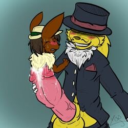 anthro_only balls blush brown_nose closed_eyes cock_vore cum eevee eeveelution empa furry hat hyper jolteon male nintendo pokemon pokemon_(species) suit vore ycr