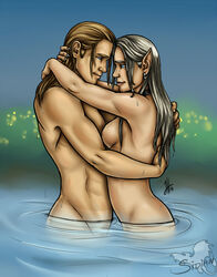 1boy 1girls 2010 artist_name breasts ear_piercing earring elf elf_ears elf_female eye_contact female hug human linsey_huish male male_human/female_elf nude piercing sideboob sidian straight water wet