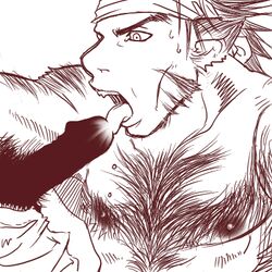 breath_of_fire chest_hair feline fellatio gay hair licking male monochrome nipples oral oral_sex penis rei_(breath_of_fire) sex sweat tiger tongue video_games woren yaoi