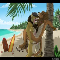 2boys anal anal_sex anthro balls barbs beach beijinbeef bondage cum cum_inside domination fangs feline fur furry furry_only gay hands-free lion male male_only muscles penetration penis seaside sex