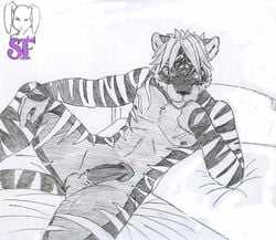 anthro balls black feline fur furry half-erect looking_at_viewer male nude penis pinup reclining stripes suicide_furs tiger white_fur white_hair zeric