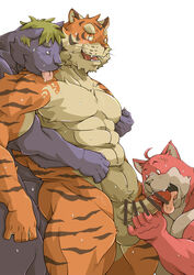 anthro censored dandoo feline fur furry furry_only gay licking male muscles oral threesome tiger tongue