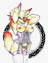 2003 anthro breasts canine corset female fur furry infernina lingerie loupgarou pose raised_arm solo stockings straps tail topless wolf