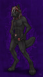 1boy 2010 anthro balls belt black canine canine_penis fur furry hair kyma long_hair male male_only penis precum scarification solo tail umbrella_corporation wolf