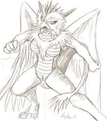 action anthro audie-gryph avian breasts female female_only front_view horns monochrome nude pose sketch solo standing tagme tail tongue