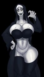 1girls 2021 black_background bottomless cleavage demon_girl female huge_breasts navel nightmare_waifu nun nun's_habit pale-skinned_female pussy roymanx sharp_teeth solo tall_female the_conjuring the_nun valak veins wide_hips yellow_eyes