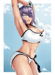 1girls abs armpits arms_up belly belly_button big_breasts bikini bikini_bottom bikini_top breasts duo_kawa erect_nipples fangs female female_only hair_ornament huge_breasts kantai_collection large_breasts legs looking_down muscular_arms oerba_yun_fang open_mouth oppai pubic_hair short_hair solo solo_female solo_focus stomach summer teeth tenryuu_(kantai_collection) tie tomboy toned toned_body toned_female tummy yellow_eyes