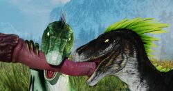 3d 3d_(artwork) 3d_horsey_3d absurd_res animal_genitalia animal_penis dinosaur dromaeosaurid duo equid equine equine_penis erection female female/female feral genitals group hi_res horse male mammal penis reptile scalie theropod trio velociraptor