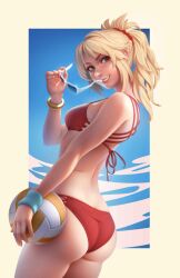 1girls arm_band bikini blonde_female blonde_hair fate_(series) female_only female_solo glasses hair_tie mordred_(fate) mordred_(swimsuit_rider) smiling solo_female solo_focus tomboy tsuaii volleyball