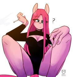 ? anthro anthrofied blue_eyes breasts cigarette cleavage clothed clothing earth_pony equid equine female friendship_is_magic fur furry furry_only hair hasbro horse leotard mammal my_little_pony pink_body pink_fur pink_hair pinkamena_(mlp) pony question_mark redxbacon simple_background solo straight_hair tail white_background