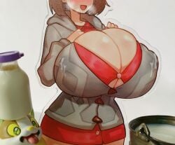 1girls breasts bursting_breasts cleavage dekapaiyukari drooling female gigantic_breasts gloria_(pokemon) heavy_blush heavy_breathing huge_breasts hyper_breasts lactation lactation_through_clothes milk milking open_mouth pokemon saliva saliva_trail skindentation smile steam