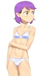 1girls amity_blight anime_style belly belly_button bikini cameltoe cleavage disney disney_channel disney_xd earrings female female_only flat_chest holding_arm looking_at_another muscles negao pinup portrait purple_hair shading short_hair shoulders smooth_skin solo standing swimsuit the_owl_house white_background white_swimsuit