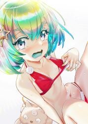 ambiguous_gender androgynous bikini blue_tongue blush blush_lines christmas dan_evan diamond_(land_of_the_lustrous) flat_chest gradient_eyebrows gradient_eyeliner gradient_eyes gradient_hair green_nails hairclip houseki_no_kuni humanoid land_of_the_lustrous light_skin looking_at_viewer looking_up open_mouth panties red_bikini red_panties shiny_hair shiny_skin shiro_(land_of_the_lustrous) short_hair slim_waist sweat sweatdrop tear tears white_background white_sclera