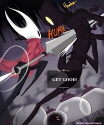 1girl ass black_body cloak cloak_only collector_(hollow_knight) death delicioussoup fighting holding_weapon hollow_knight hornet_(hollow_knight) monster multi_arm multi_limb oversized_weapon red_cloak stabbing team_cherry weapon white_head yellow_eyes