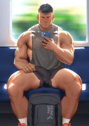 1boy alpha_male backpack balls_bulge balls_outline blush boner bulge dark_hair erection erection_under_clothes frown frowning_at_viewer fully_clothed gym_clothes gym_shorts hiroki_bzdsk looking_at_viewer male male_focus male_only manspreading muscular muscular_arms muscular_legs muscular_male muscular_thighs oc penis_outline public_transportation recording recording_on_phone shorts shy sitting solo solo_male spread_legs taking_picture tank_top testicle_bulge touching_bulge train_interior undercut