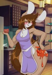 1girls 2022 anthro apron armpits blush brown_fur brown_hair brush charlotte_roarx female female_only food food_play furry jar jelly lagomorph long_hair looking_at_viewer mastergodai muscular_female rabbit rascals small_breasts solo thick_thighs wide_hips wink