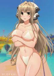 1girls amagi_brilliant_park bare_shoulders big_breasts bikini bloskai blush female_only sento_isuzu solo solo_female