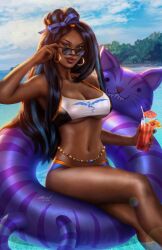 1girls big_breasts black_hair blue_lipstick dominant_female game_freak holding_glass long_hair looking_at_viewer nessa_(pokemon) nintendo pokemon pokemon_ss pokemon_trainer red_lipstick solo_female sun_khamunaki swimming_pool tagme wearing_glasses