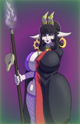 1girls aluron_return_of_man anthro big_breasts black_hair black_robe bra cleavage crescent_moon earrings fishnets furry goat goat_girl green_eyes horns joni2000 morgane necklace oc purple_background purple_bra purple_lipstick purple_nails robe skull sorceress stick stockings