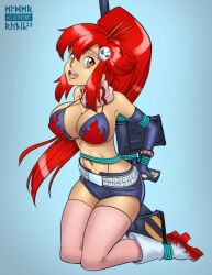 1girls amber_eyes ankles_tied arms_behind_back arms_tied_behind_back big_breasts bikini bondage boots elderrunic femsub happy_sub hotpants looking_at_viewer open_smile ponytail red_hair rope_bondage smile sniper_rifle solo_female tagme tengen_toppa_gurren_lagann thighhigh_socks yoko_littner