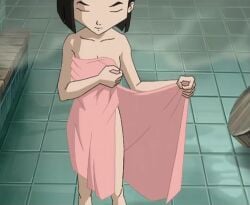 asian_female bathroom black_hair cleavage closed_eyes code_lyoko female light-skinned_female medium_breasts naked naked_female nude_female nude_underneath official official_art pale-skinned_female pink_towel removing_towel screencap screenshot short_hair steam towel towel_wrap yumi_ishiyama