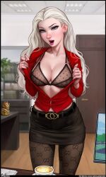 1girls 2022 alternate_version_available aroma_sensei blue_eyes bra breasts cleavage coffee detailed_background disney elsa_(frozen) female frozen_(film) hips large_breasts leggings no_text_version office_lady open_shirt short_skirt skirt slim_waist textless thick_thighs thighs tights white_hair wide_hips